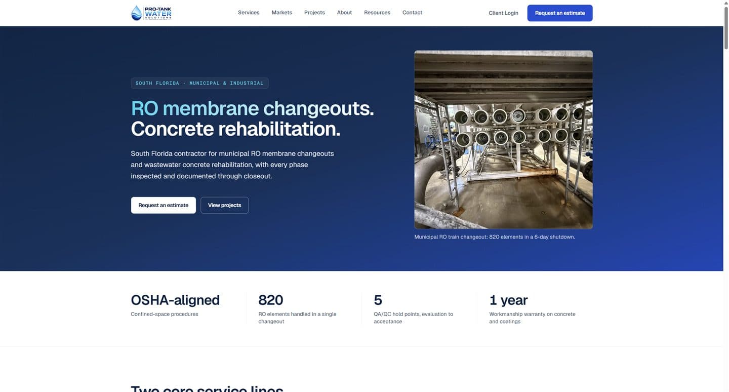 Homepage of protankwater.com, with services for reverse osmosis membrane changeouts and concrete rehabilitation