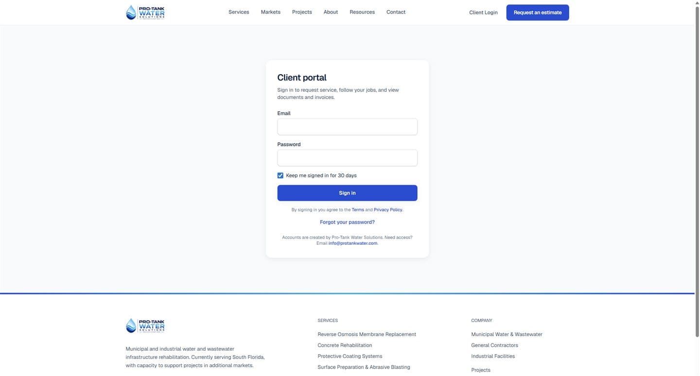 Client portal sign-in on protankwater.com, for jobs, documents, and invoices